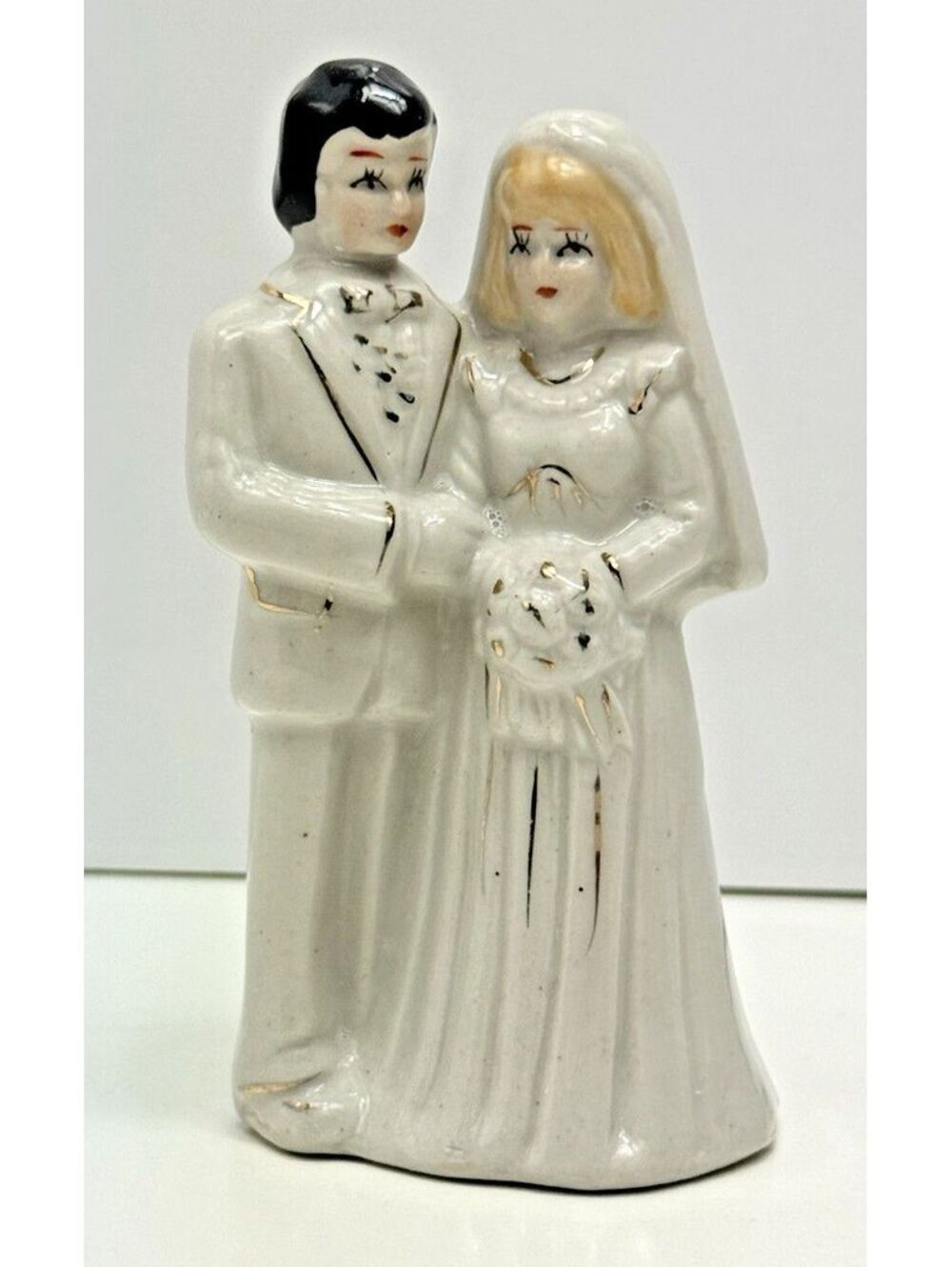 Vtg Ceramic Bride & Groom Wedding Cake Topper Black Blonde Hair 4.75"H